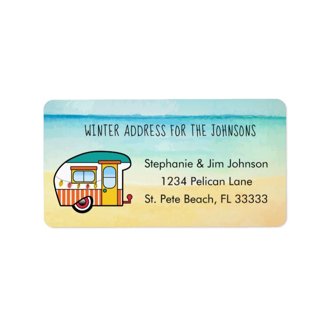 Cute Camper on Beach Winter Home New Address Label (Front)