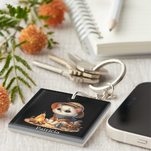 Cute camping add name kitten  key ring