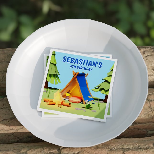 Cute Camping Bonfire Pine Tree Kids Birthday Party Napkin (Cute Camping Bonfire Pine Tree Kids Birthday Party Napkins)