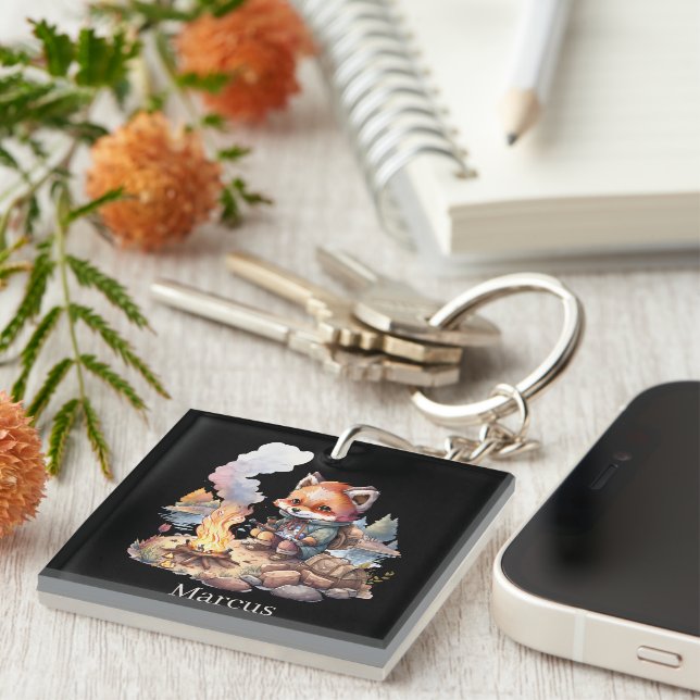 Cute camping fox lovers add name key ring (Front Right)