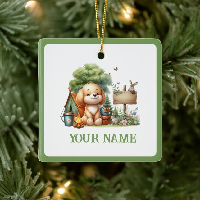 Cute Camping Puppy Forest Personalised Ceramic Ornament (Tree)