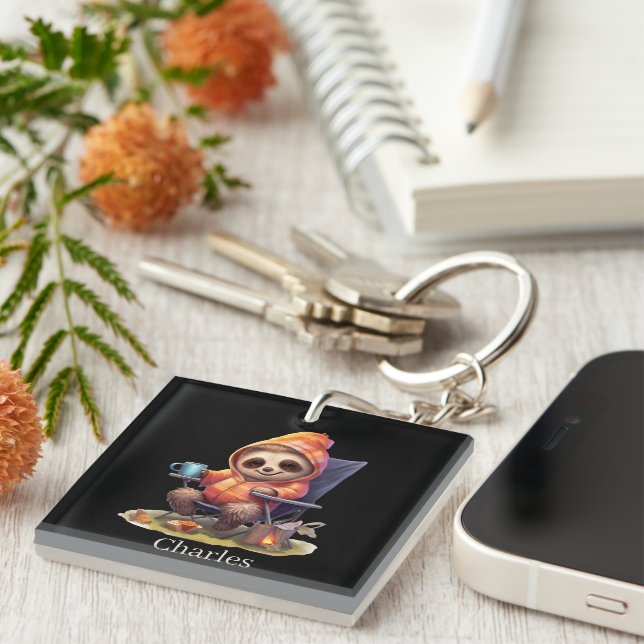 Cute camping sloth add name key ring (Front Right)