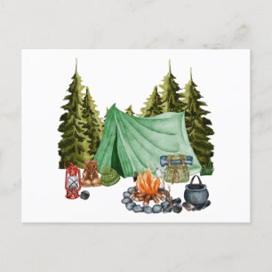 Cute Camping Theme Campfire, Tent, Forest Postcard