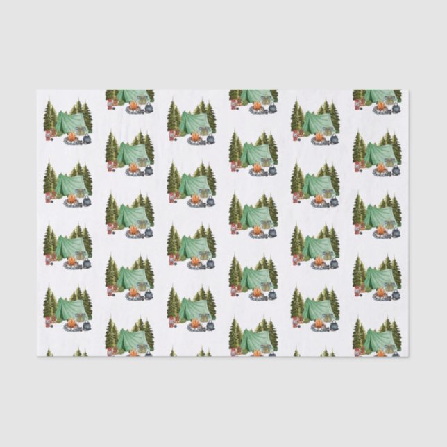 Cute Camping Theme Campfire, Tent, Forest Tiled Tissue Paper (Front)