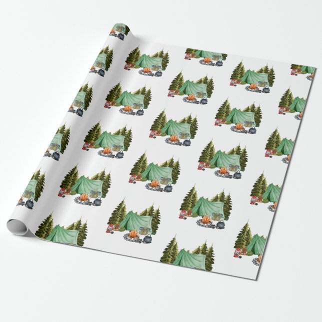Cute Camping Theme Campfire, Tent, Forest Wrapping Paper (Unrolled)
