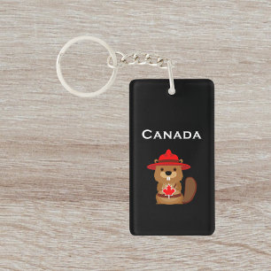 Cute Canada Beaver with Maple Leaf Dark Color Key Ring