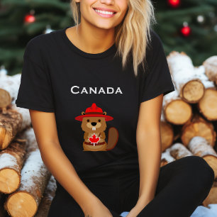 Cute Canada Beaver with Maple Leaf Dark Color T-Shirt