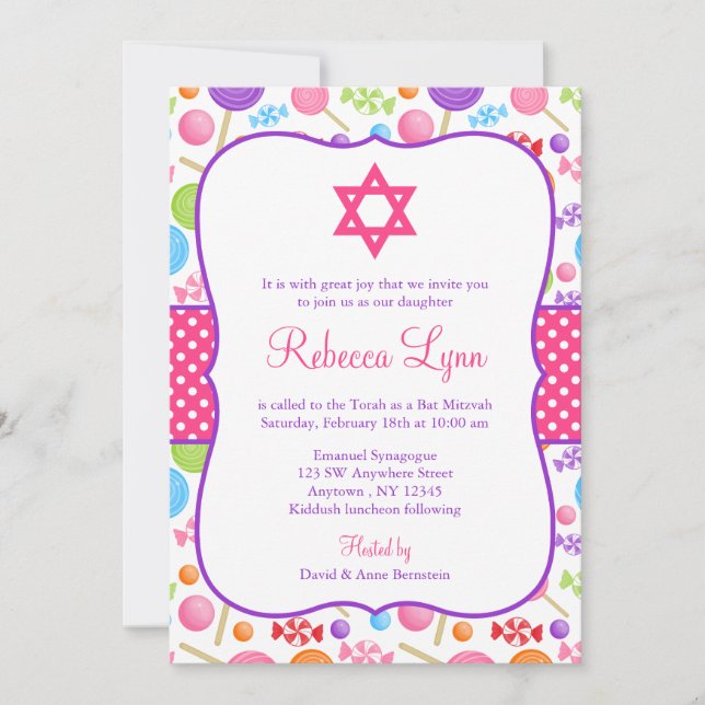 Cute Candy Bat Mitzvah Invitation (Front)
