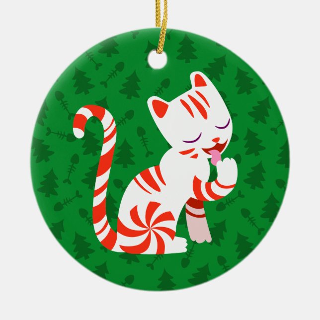 Cute Candy Cane Cat Ceramic Tree Decoration (Front)