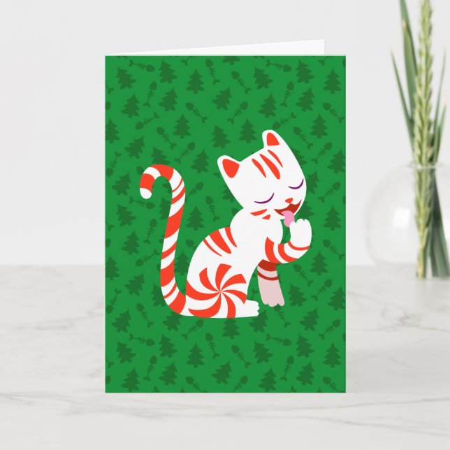 Cute Candy Cane Cat Holiday Card (Front)