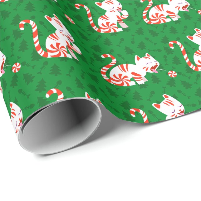 Cute Candy Cane Cat Wrapping Paper (Roll Corner)
