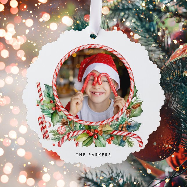 Cute Candy Cane & Christmas Floral Photo Tree Decoration Card (Creator Uploaded)