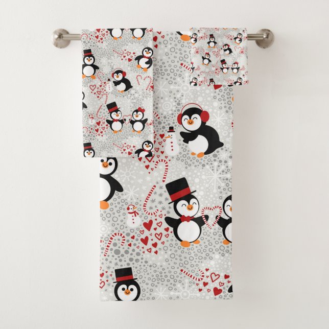 Cute Candy Cane Christmas Penguins Bath Towel Set (Insitu)