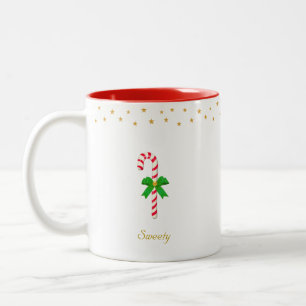 Cute candy cane, golden stars & editable text Two-Tone coffee mug