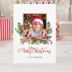 Cute Candy Cane Merry Christmas Floral Photo Holiday Card