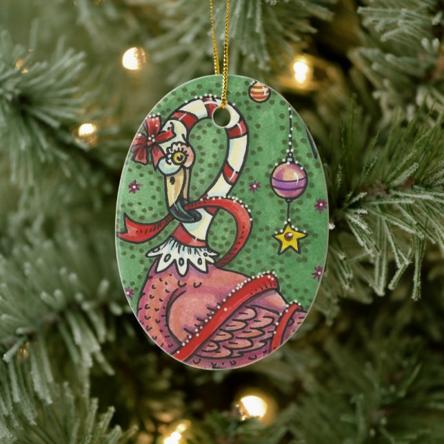 CUTE CANDY CANE PINK FLAMINGO CHRISTMAS BIRD 2019 CERAMIC TREE DECORATION (Tree)
