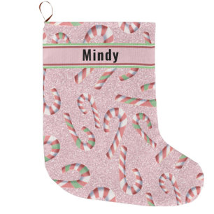 Cute Candy Cane Pink Glitter Personalise Custom Large Christmas Stocking