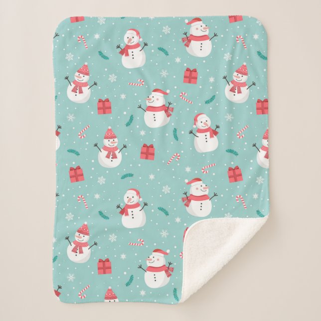 Cute Candy Canes and Snowmen Pattern Sherpa Blanket (Front)