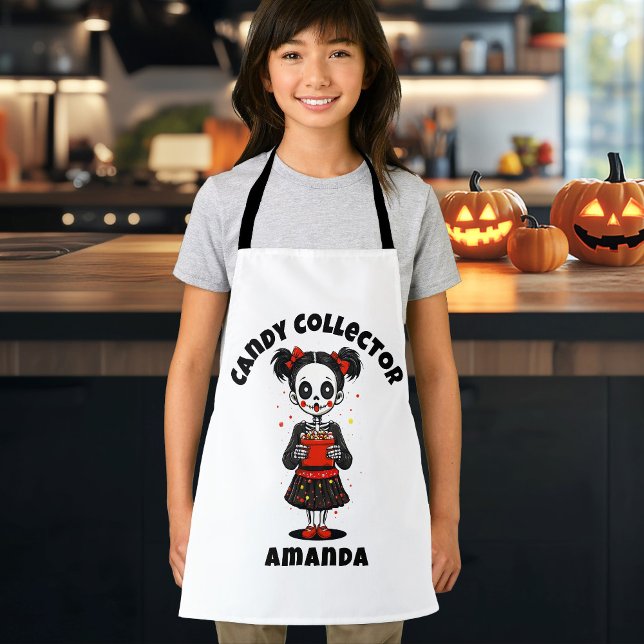 Cute Candy Collector Skeleton Kids Halloween Apron (Cute Candy Collector Skeleton Girls Halloween Apron)