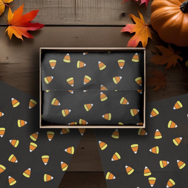 Cute Candy Corn Halloween Tissue Paper (A classic pattern of candy corns on black tissue paper.)
