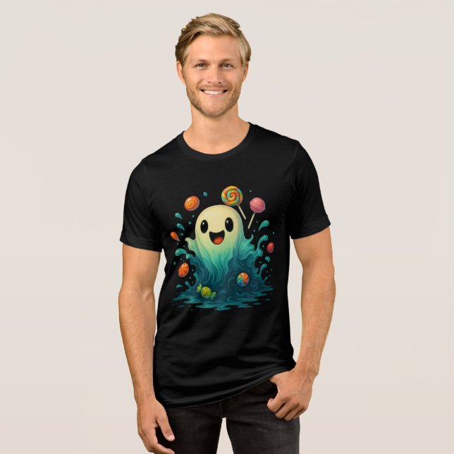 Cute Candy Ghost Halloween Illustration Tri-Blend Shirt (Front Full)