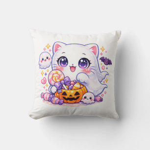 Cute Candy Ghost Kitty – Kawaii Halloween Cat Cushion