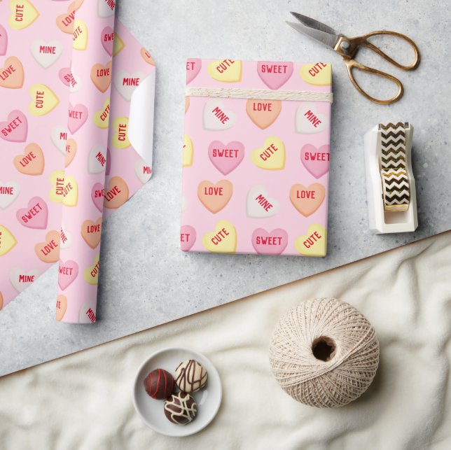 Cute candy hearts editable text pink orange yellow wrapping paper (Crafts)