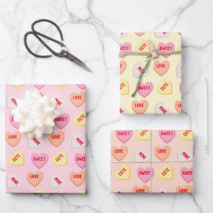Cute candy hearts editable text pink orange yellow wrapping paper sheet