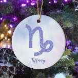 Cute Capricorn Astrology Sign Personalised Purple Ceramic Tree Decoration<br><div class="desc">This pretty purple and lavender Capricorn Christmas ornament features your astrological sign from the Zodiac in a beautiful sparkle like the constellations. Customise this cute gift with your name in beautiful cursive script for someone with a late December or early January birthday.</div>