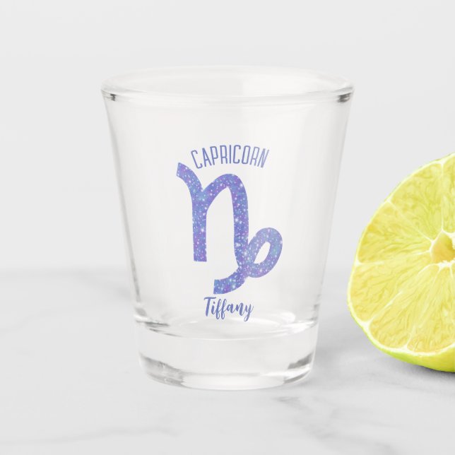 Cute Capricorn Astrology Sign Purple Personalised Shot Glass (Front)