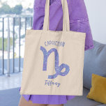 Cute Capricorn Astrology Sign Purple Personalised Tote Bag<br><div class="desc">This pretty purple and lavender Capricorn tote bag features your astrological sign from the Zodiac in a beautiful sparkle like the constellations. Customise this cute gift with your name in beautiful cursive script for someone with a late December or early January birthday.</div>