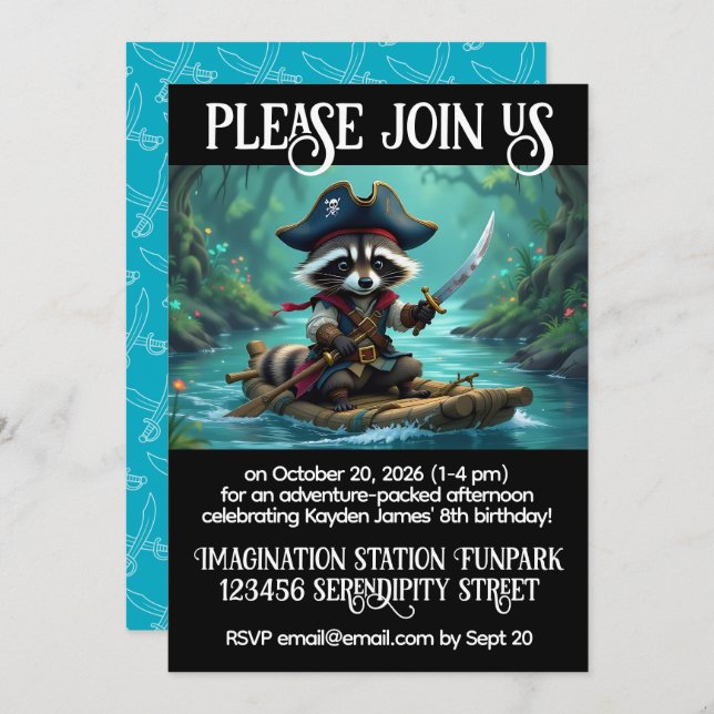 Cute Captain Racoon Rafting Boys' Birthday  Invitation (Front/Back)