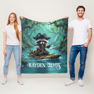 Cute Captain Racoon Rafting Down the River Fleece Blanket
