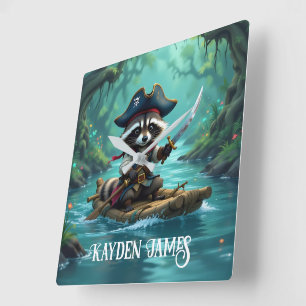 Cute Captain Racoon Rafting Down the River Square Wall Clock