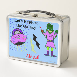 Cute Captain Zoey Green Girl Robot Pink Spaceship Metal Lunch Box