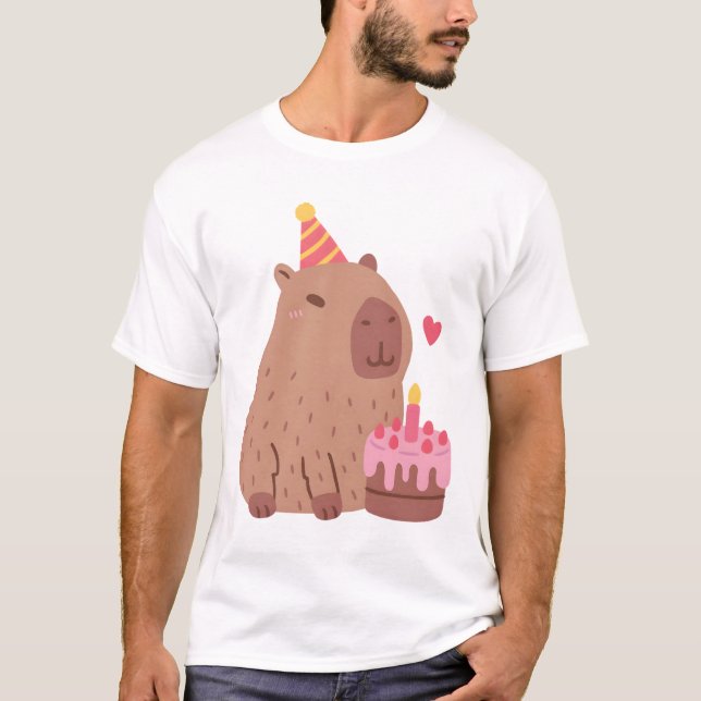 Cute Capybara And Birthday Cake T-Shirt (Front)