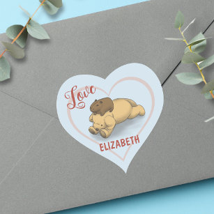 Cute Capybara and Puppy Blue Name Heart Sticker