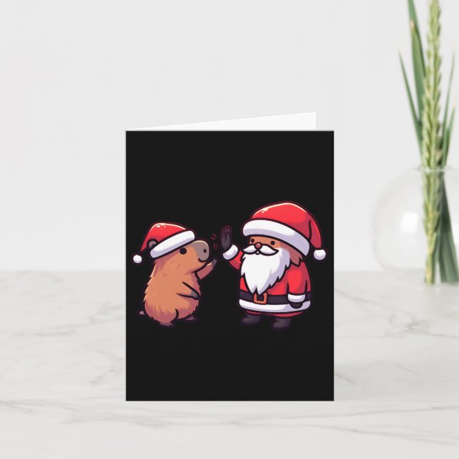 Cute Capybara And Santa Claus High Five Christmas  Card (Front)