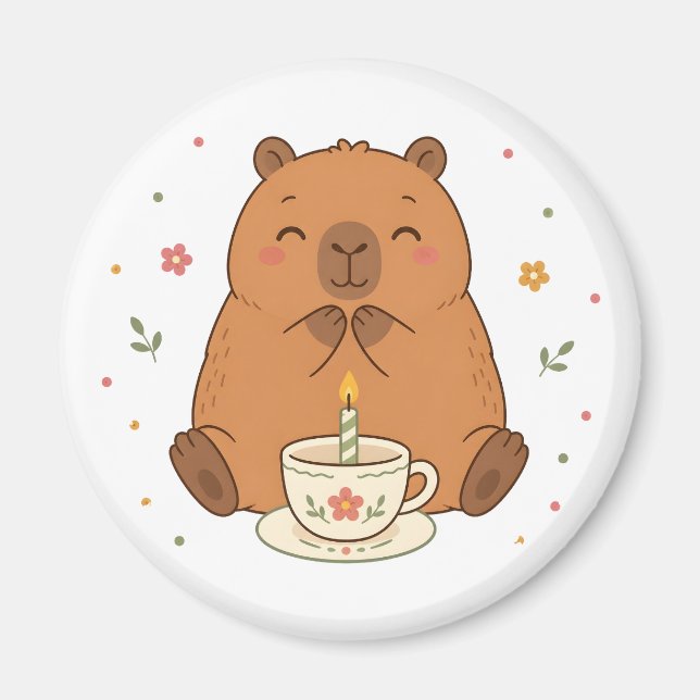 Cute Capybara Birthday Candle Teacup Magnet (Front)
