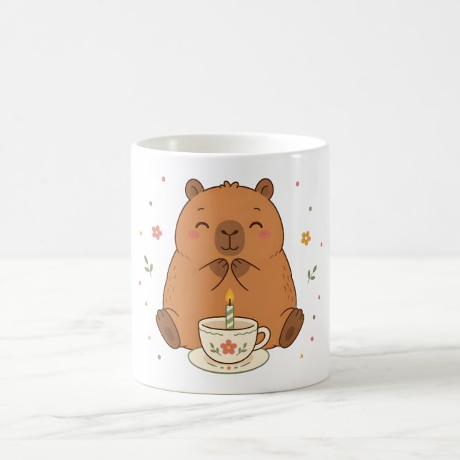 Cute Capybara Birthday Candle Teacup Mug (Center)
