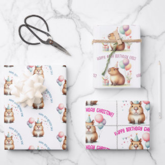 cute capybara birthday celebration wrapping paper sheet