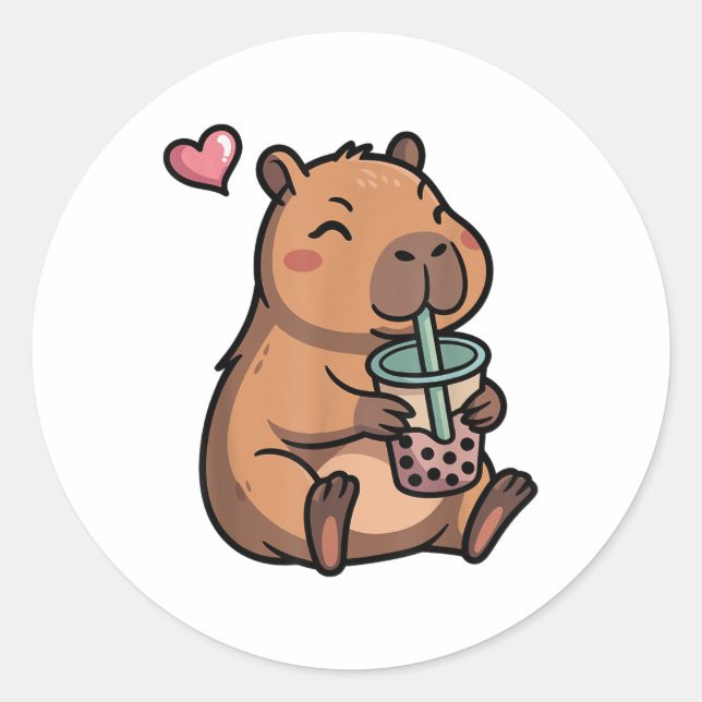 Cute Capybara Boba Bubble Tea Kawaii Capybara Girl Classic Round Sticker (Front)