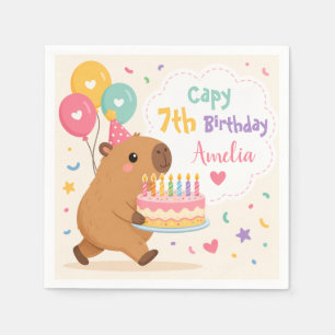 Cute Capybara Capy 7th Birthday Pink Girl Name Napkin