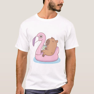 Cute Capybara Chilling On Pink Flamingo Pool Float T-Shirt