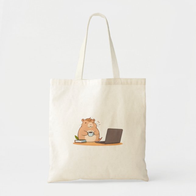 Cute Capybara Coder Coffee Laptop Design Tote Bag (Front)