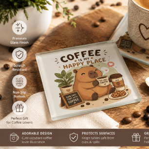 Cute Capybara Coffee Lover Glass Coaster Coffee