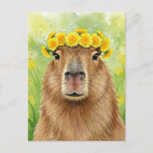Cute Capybara Dandelion Wreath Flowers Postcard (Front)