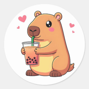 Cute Capybara Drinking Boba Bubble Tea Women Girls Classic Round Sticker