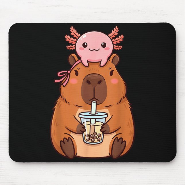 Cute Capybara Drinking Boba Tea Artwork Mouse Pad (Front)