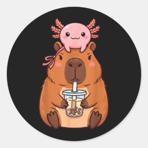 Cute Capybara Drinking Boba Tea Kawaii Axolotl Classic Round Sticker